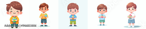 vector of a little boy standing happily holding an Easter egg