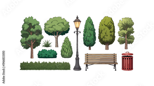 A serene park scene featuring various trees, shrubs, and a wooden bench Vector