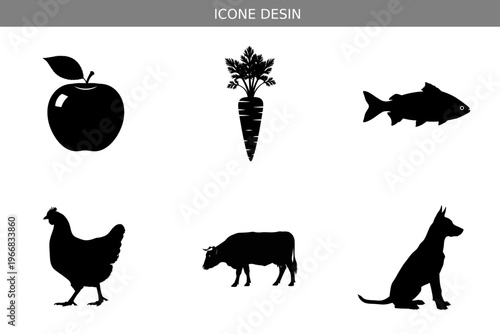 Black silhouette icons of fruits vegetables and farm animals