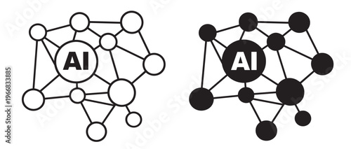 artificial intelligence network line icons set, neural node connections with ai core, data structure technology vector outline collection on transparent background