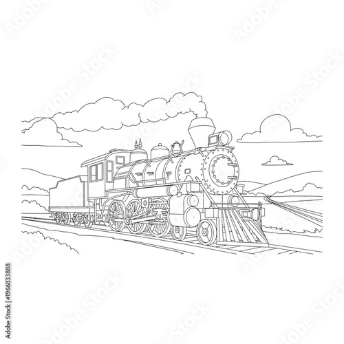 A black and white drawing of a steam locomotive Vector