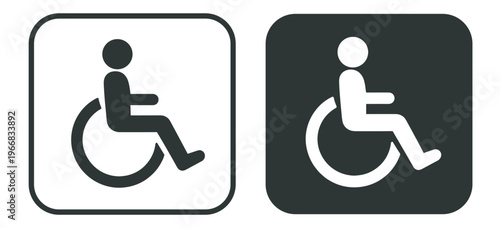 wheelchair accessibility icon set, disabled person pictogram in rounded square panels, black and white vector symbols for inclusive facilities on transparent background