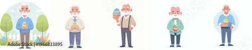 vector of a grandpa standing happily holding an Easter egg