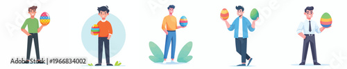 vector of a man standing happily holding an Easter egg