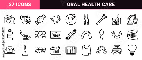 Advanced Stomatology and Dental Care minimalist Monoline Icon Set for Professional Medical UI and Orthodontic Brand Agencies.