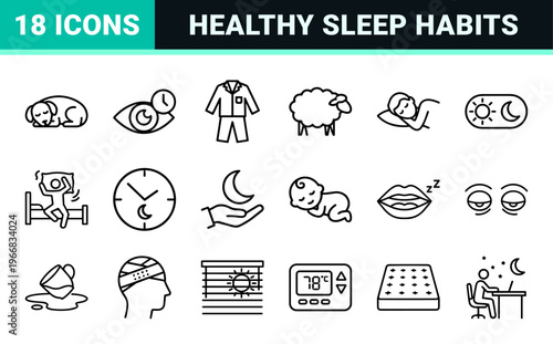 Circadian Rhythm and Sleep Hygiene Geometric Line Art; Minimalist Monoline Symbols for Nocturnal Health, Insomnia, and Restful Slumber.