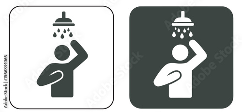 shower icon set, person under water droplets pictogram in rounded square panels, black and white vector bathroom symbols on transparent background