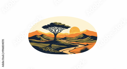A stylized African savanna landscape with a lone acacia tree and winding river