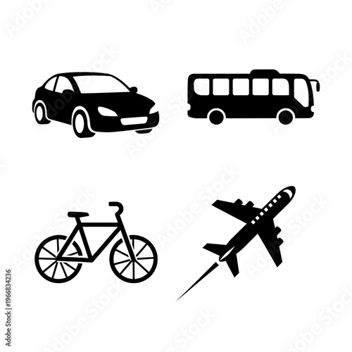 Vehicles including car bus bicycle and airplane on display