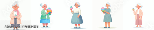 vector of a grandma standing happily holding an Easter egg