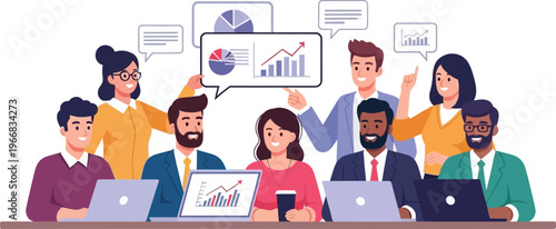 Diverse team collaborating on data analysis with laptops and charts