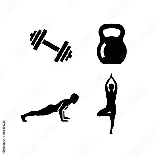 Four black silhouettes of people exercising with dumbbell and kettlebell