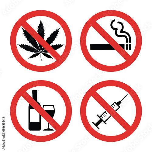 Prohibition signs set for cannabis smoking alcohol and syringe use in red crossed circles isolated on transparent background.