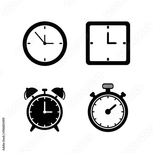 Four different types of clocks and timers are displayed on a white background.