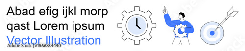Time management, goal achievement, efficiency, business planning, productivity, workflow. A clock in a gear, a character and a target. Time management and goal achievement concepts