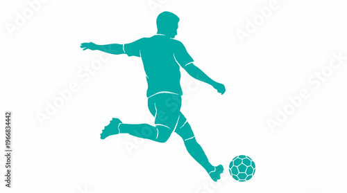 Dynamic silhouette of a soccer player kicking a football on white background