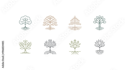 Vintage-style icons depicting various types of trees and plants Vector