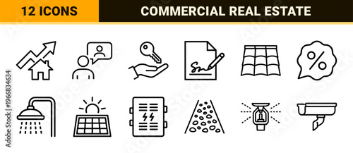 Real Estate Property Management Minimalist Monoline Outline Icons for Commercial Leasing and Residential Housing Development Marketing.