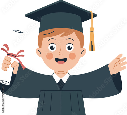 Cheerful boy student wearing a graduation cap and gown holding up a diploma scroll celebrating school completion and academic success.