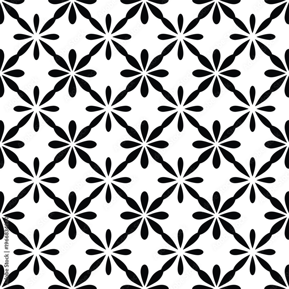Fototapeta premium Black floral geometric pattern with blooming flower petals connected by diagonal lines in classic monochrome style for graphics.