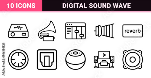 Audio Interface and Sound Wave Communication Monoline Grid, Minimalist Geometric Outline Linear Art for Digital Playback and Multimedia Systems