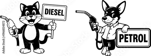 Cartoon cat and dog characters holding fuel nozzles and signs