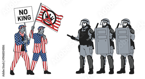 Protesters Hold Sign and Flag with No King Symbol Facing Riot Police