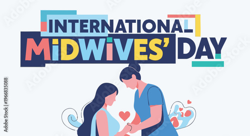 Midwife and pregnant woman in colorful flat illustration with hearts for International Midwives Day in healthcare