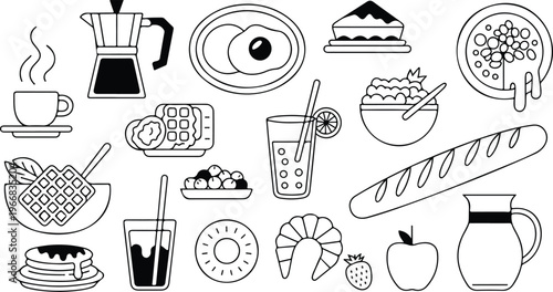 Hand drawn food doodle collection featuring pancakes coffee pizza and bakery items black and white seamless brunch theme design