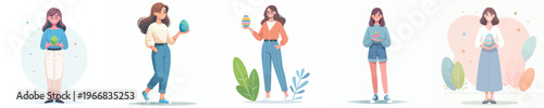 vector of a woman standing happily holding an Easter egg