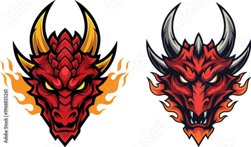 Two fierce red dragon heads with horns and fire elements