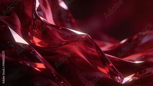 Flowing cut surfaces with burgundy crystal texture refract bright light and shadow against a dark background, presenting a high-end luxury visual atmosphere, making it a visual material image suitable