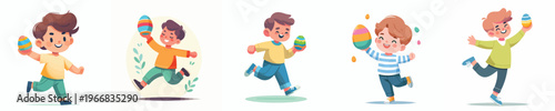 vector of a little boy dancing happily holding an Easter egg