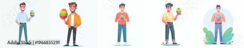 vector of a man standing happily holding an Easter egg