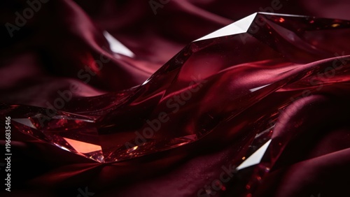 Flowing cut surfaces with burgundy crystal texture refract bright light and shadow against a dark background, presenting a high-end luxury visual atmosphere, making it a visual material image suitable