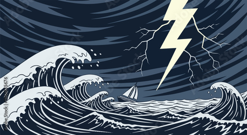 A sailboat navigates turbulent waves under a stormy sky with lightning