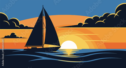 A sailboat glides on wavy waters under a vibrant sunset with silhouetted clouds