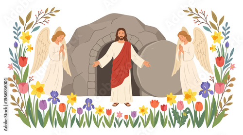 Colorful Religious Scene with Jesus Christ and Two Angels in Nature