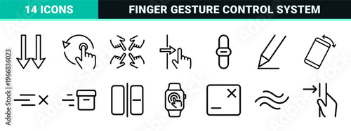 Mobile Touchscreen Interface Gestures and Haptic Feedback Interaction symbols featuring Ultra-minimalist Monoline Geometric Line Art for UI Design.