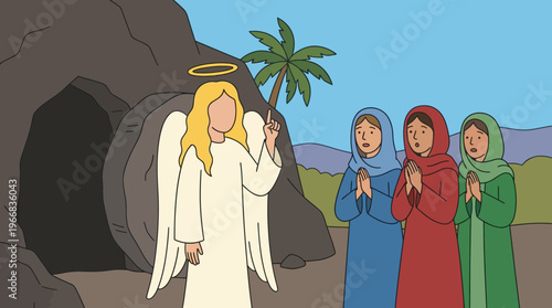 Comic Religious Scene with Angel and Three Women in Nature