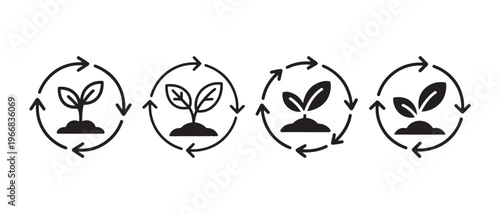 Plant Growth Cycle Icons. Seedling Sprouting in Circular Arrows Representing Sustainability and Renewal.