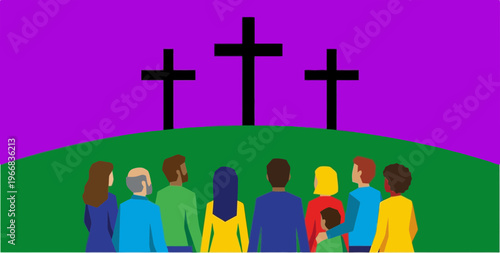 Group of People Visiting Cemetery with Crosses on a Hilltop