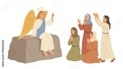 Religious Scene with Woman Teaching on a Rock to Kneeling Followers