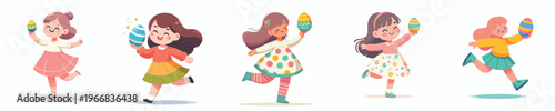 vector of a little girl dancing happily holding an Easter egg