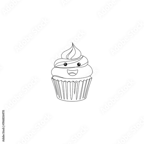 A smiling cupcake with swirly frosting and a paper wrapper Vector