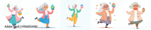 vector of a grandma dancing happily holding an Easter egg