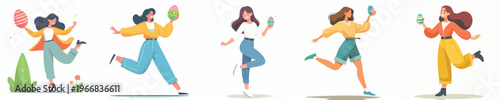 vector of a woman dancing happily holding an Easter egg