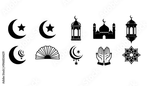 Eid Mubarak Islamic icon set crescent moon mosque lantern star black vector illustration isolated on white background