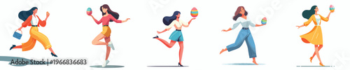 vector of a woman dancing happily holding an Easter egg