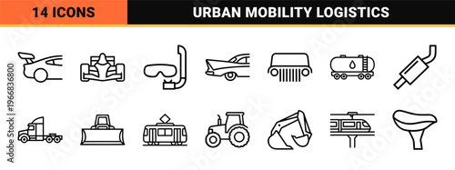 Automotive Logistics and Transportation Geometric Line Art for Modern Interface Design Featuring Minimalist Vehicle Silhouettes and Car Parts